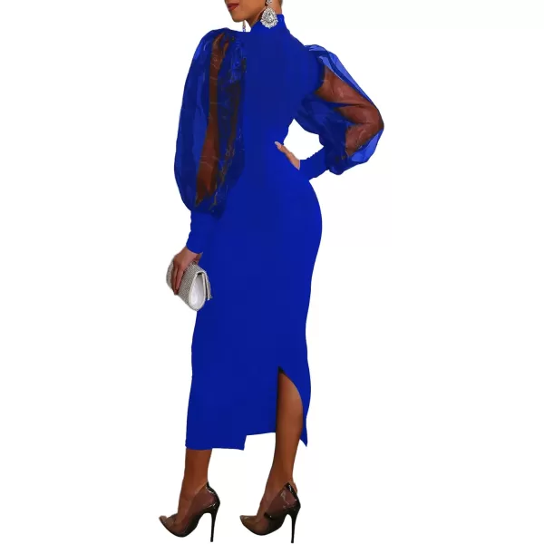 LYANER Women's Mock Neck Mesh Long Sleeve Zipper Bodycon Maxi Long Dress