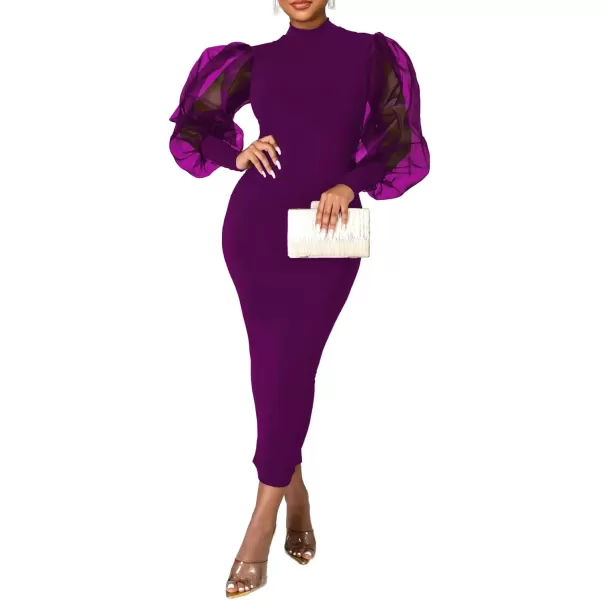 LYANER Women's Mock Neck Mesh Long Sleeve Zipper Bodycon Maxi Long Dress