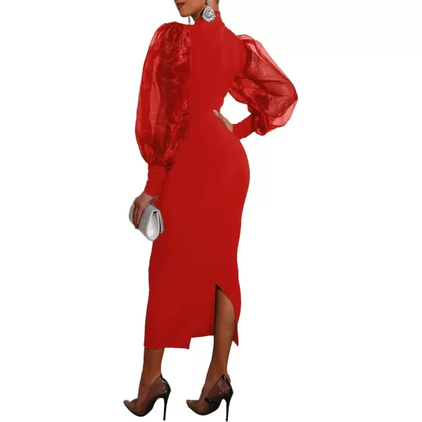 LYANER Women's Mock Neck Mesh Long Sleeve Zipper Bodycon Maxi Long Dress