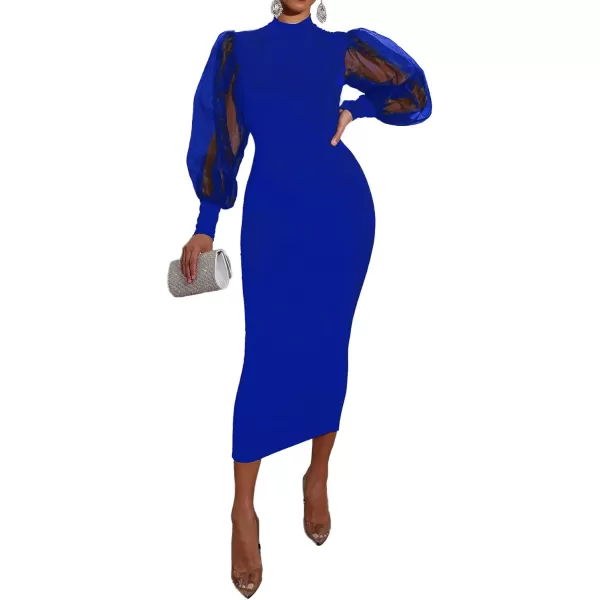 LYANER Women's Mock Neck Mesh Long Sleeve Zipper Bodycon Maxi Long Dress