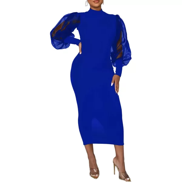 LYANER Women's Mock Neck Mesh Long Sleeve Zipper Bodycon Maxi Long Dress