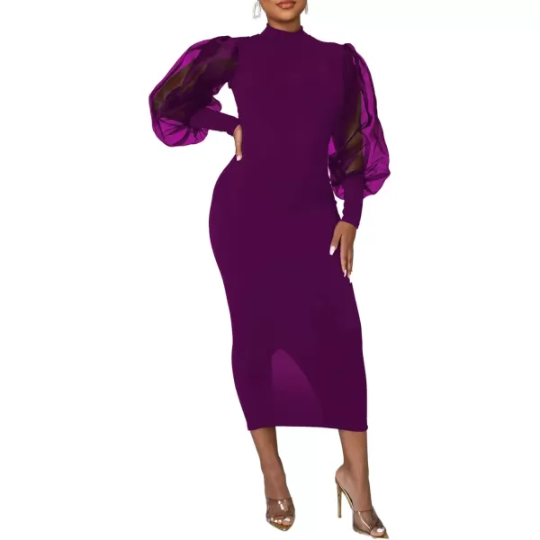 LYANER Women's Mock Neck Mesh Long Sleeve Zipper Bodycon Maxi Long Dress