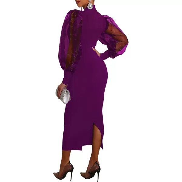 LYANER Women's Mock Neck Mesh Long Sleeve Zipper Bodycon Maxi Long Dress