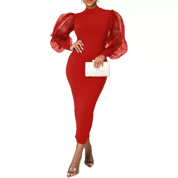 LYANER Women's Mock Neck Mesh Long Sleeve Zipper Bodycon Maxi Long Dress