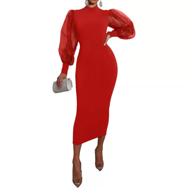 LYANER Women's Mock Neck Mesh Long Sleeve Zipper Bodycon Maxi Long Dress