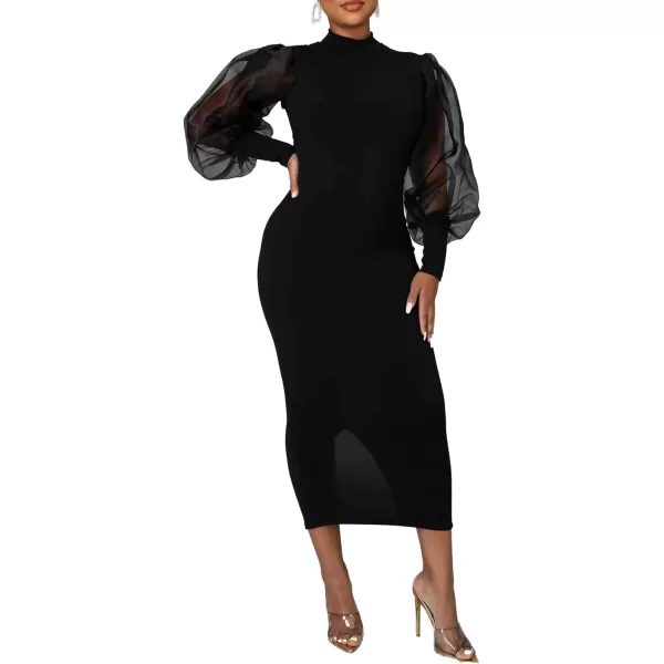 LYANER Women's Mock Neck Mesh Long Sleeve Zipper Bodycon Maxi Long Dress