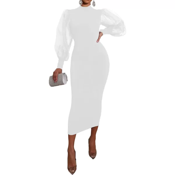 LYANER Women's Mock Neck Mesh Long Sleeve Zipper Bodycon Maxi Long Dress
