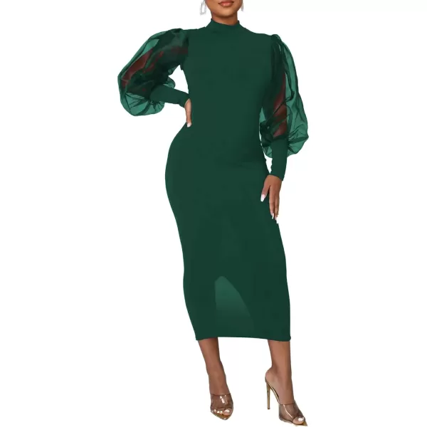 LYANER Women's Mock Neck Mesh Long Sleeve Zipper Bodycon Maxi Long Dress