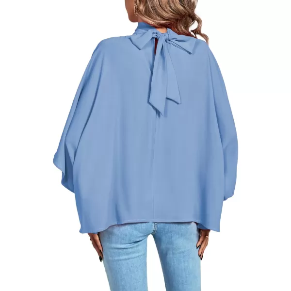 LYANER Women's Mock Neck Pleated Batwing Sleeve Drape Tie Back Blouse Shirt Top