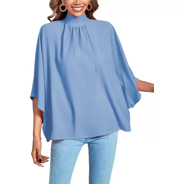 LYANER Women's Mock Neck Pleated Batwing Sleeve Drape Tie Back Blouse Shirt Top