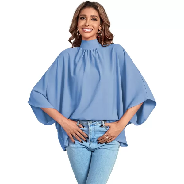 LYANER Women's Mock Neck Pleated Batwing Sleeve Drape Tie Back Blouse Shirt Top