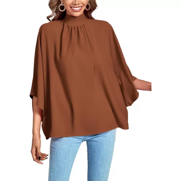 LYANER Women's Mock Neck Pleated Batwing Sleeve Drape Tie Back Blouse Shirt Top