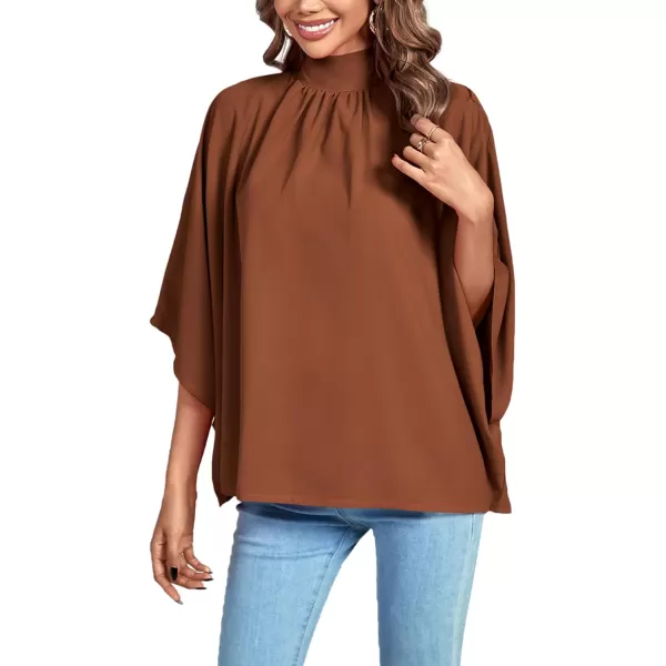 LYANER Women's Mock Neck Pleated Batwing Sleeve Drape Tie Back Blouse Shirt Top