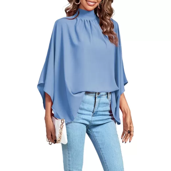 LYANER Women's Mock Neck Pleated Batwing Sleeve Drape Tie Back Blouse Shirt Top