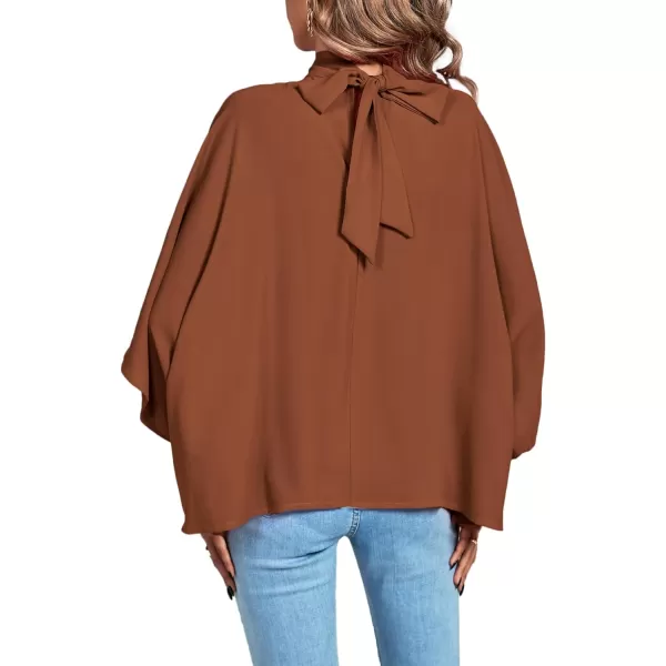 LYANER Women's Mock Neck Pleated Batwing Sleeve Drape Tie Back Blouse Shirt Top