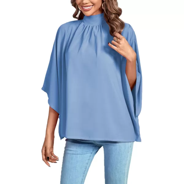 LYANER Women's Mock Neck Pleated Batwing Sleeve Drape Tie Back Blouse Shirt Top