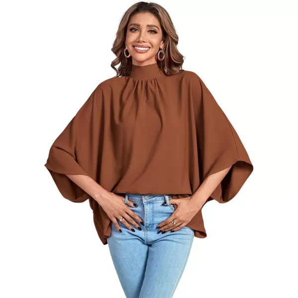 LYANER Women's Mock Neck Pleated Batwing Sleeve Drape Tie Back Blouse Shirt Top