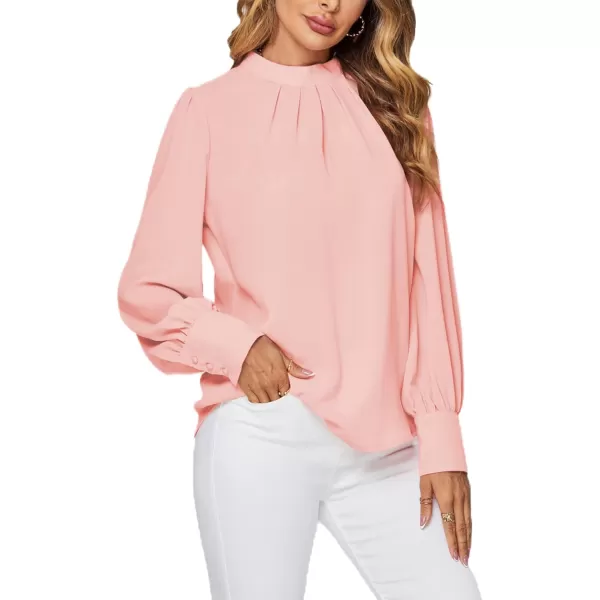 LYANER Women's Mock Neck Pleated Solid Long Sleeve Blouse Office Shirt Top
