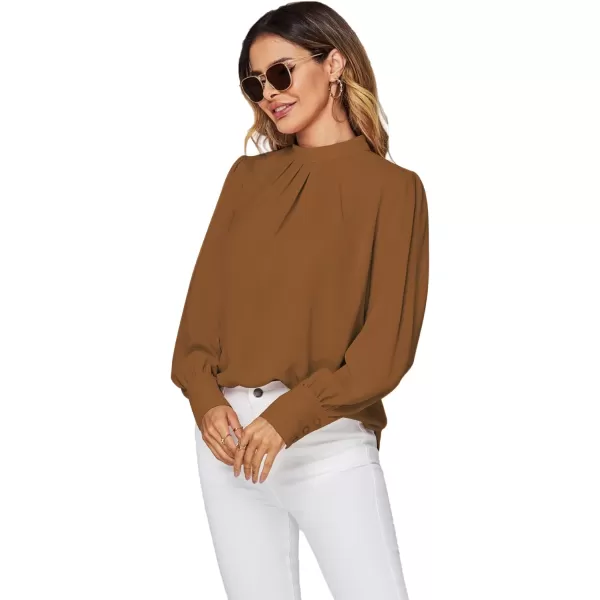 LYANER Women's Mock Neck Pleated Solid Long Sleeve Blouse Office Shirt Top