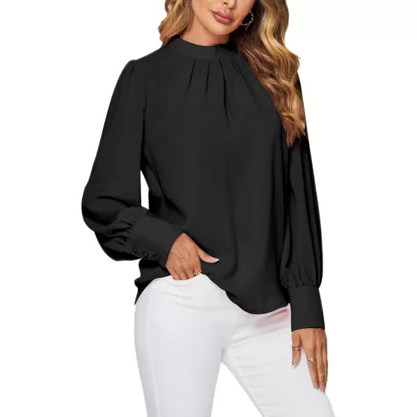 LYANER Women's Mock Neck Pleated Solid Long Sleeve Blouse Office Shirt Top