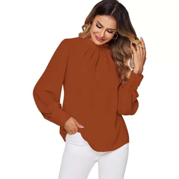 LYANER Women's Mock Neck Pleated Solid Long Sleeve Blouse Office Shirt Top