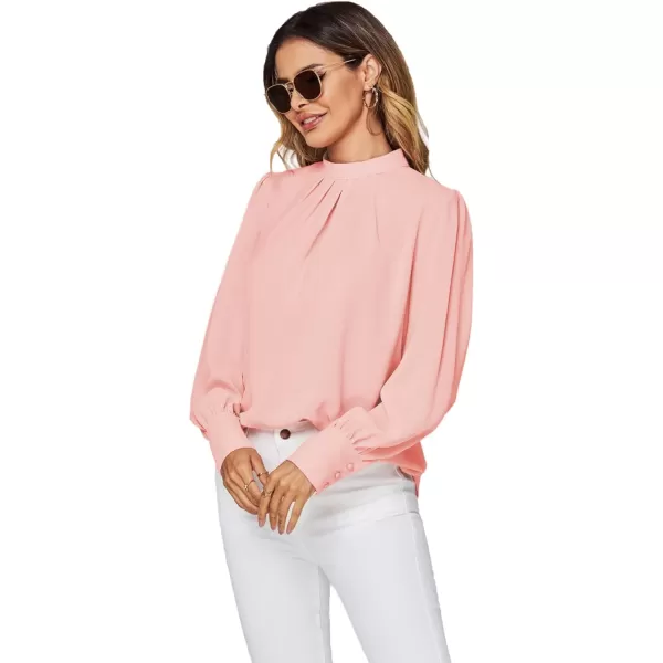 LYANER Women's Mock Neck Pleated Solid Long Sleeve Blouse Office Shirt Top