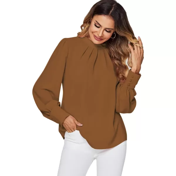 LYANER Women's Mock Neck Pleated Solid Long Sleeve Blouse Office Shirt Top
