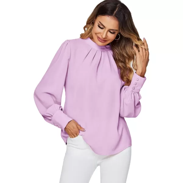 LYANER Women's Mock Neck Pleated Solid Long Sleeve Blouse Office Shirt Top