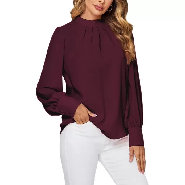 LYANER Women's Mock Neck Pleated Solid Long Sleeve Blouse Office Shirt Top