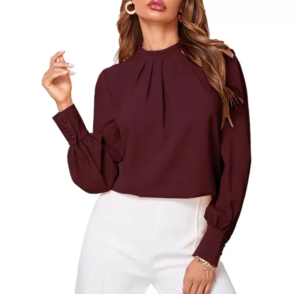 LYANER Women's Mock Neck Pleated Solid Long Sleeve Blouse Office Shirt Top