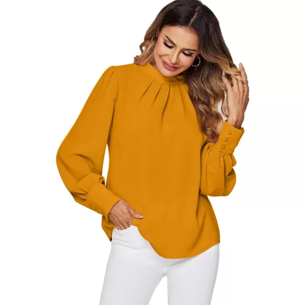LYANER Women's Mock Neck Pleated Solid Long Sleeve Blouse Office Shirt Top