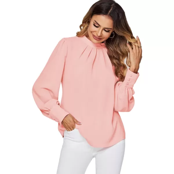 LYANER Women's Mock Neck Pleated Solid Long Sleeve Blouse Office Shirt Top