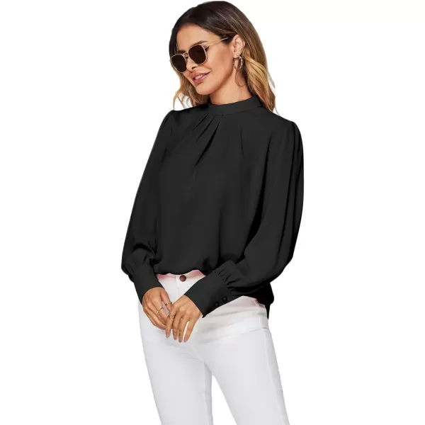 LYANER Women's Mock Neck Pleated Solid Long Sleeve Blouse Office Shirt Top