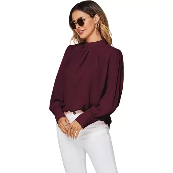 LYANER Women's Mock Neck Pleated Solid Long Sleeve Blouse Office Shirt Top