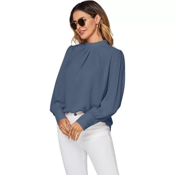 LYANER Women's Mock Neck Pleated Solid Long Sleeve Blouse Office Shirt Top