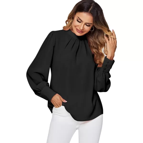 LYANER Women's Mock Neck Pleated Solid Long Sleeve Blouse Office Shirt Top
