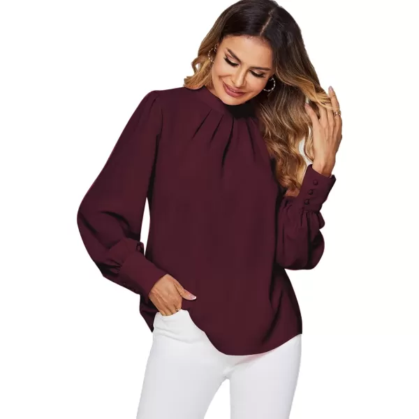 LYANER Women's Mock Neck Pleated Solid Long Sleeve Blouse Office Shirt Top