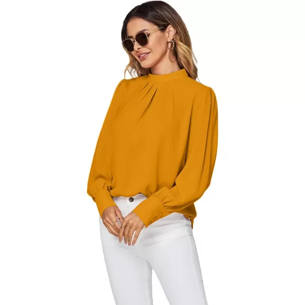 LYANER Women's Mock Neck Pleated Solid Long Sleeve Blouse Office Shirt Top