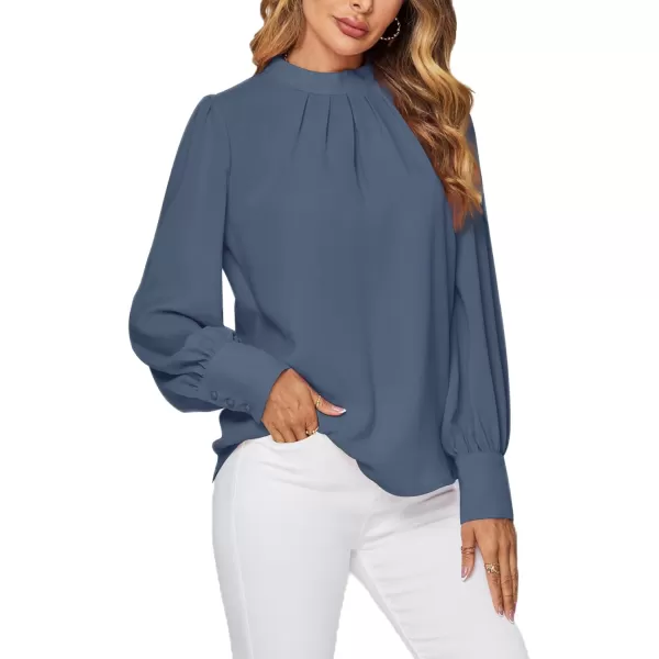 LYANER Women's Mock Neck Pleated Solid Long Sleeve Blouse Office Shirt Top