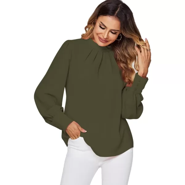 LYANER Women's Mock Neck Pleated Solid Long Sleeve Blouse Office Shirt Top