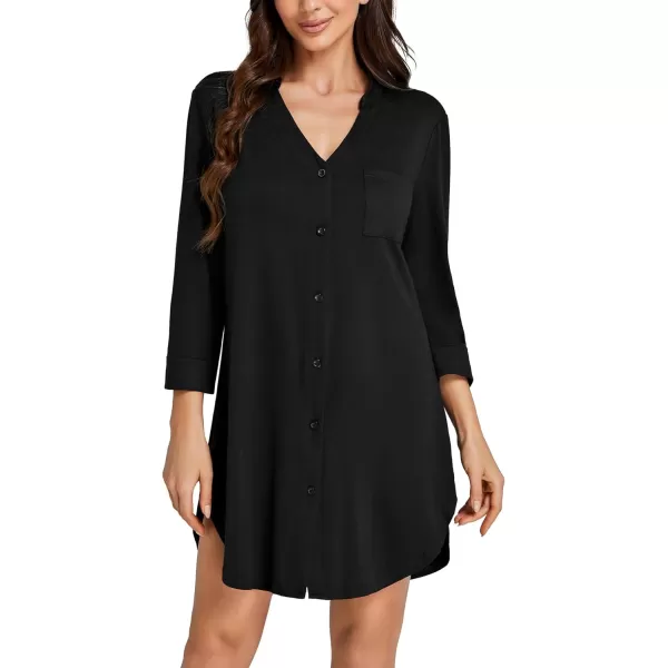 LYANER Women's Nightgown V Neck Button Down Sleepwear 3/4 Sleeves Nightshirts with Pockets
