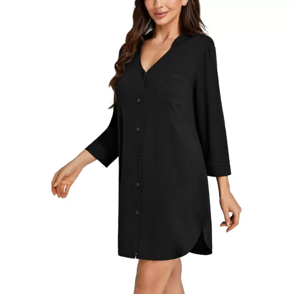 LYANER Women's Nightgown V Neck Button Down Sleepwear 3/4 Sleeves Nightshirts with Pockets