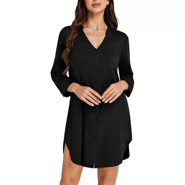 LYANER Women's Nightgown V Neck Button Down Sleepwear 3/4 Sleeves Nightshirts with Pockets