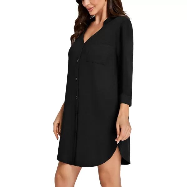 LYANER Women's Nightgown V Neck Button Down Sleepwear 3/4 Sleeves Nightshirts with Pockets