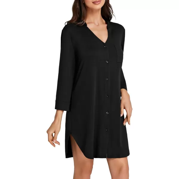 LYANER Women's Nightgown V Neck Button Down Sleepwear 3/4 Sleeves Nightshirts with Pockets