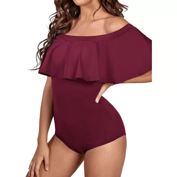 LYANER Women's Off Shoulder Bathing Suit Flounce Ruffle One Piece Slimming Swimsuit