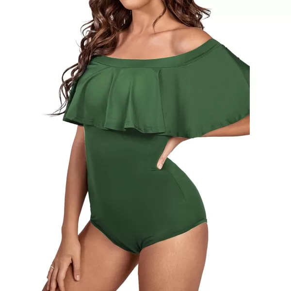 LYANER Women's Off Shoulder Bathing Suit Flounce Ruffle One Piece Slimming Swimsuit