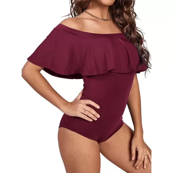 LYANER Women's Off Shoulder Bathing Suit Flounce Ruffle One Piece Slimming Swimsuit