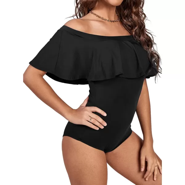 LYANER Women's Off Shoulder Bathing Suit Flounce Ruffle One Piece Slimming Swimsuit