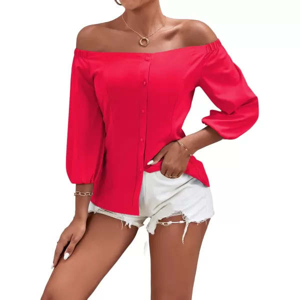 LYANER Women's Off Shoulder Bishop Short Sleeve Button Down Backless Shirt Blouse Top